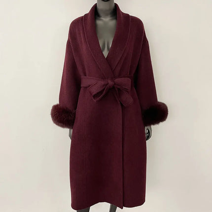 Elegant OL Office Lady Overcoats Fur Patchwork Long Sleeve Woolen Coat Beautiful Women's Clothing Jacket Autumn 2025 Spring