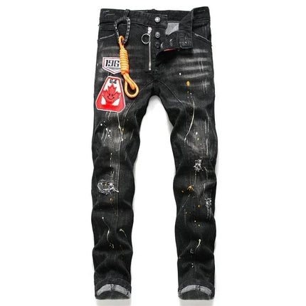 New Fashion Men Black Ripped Denim Jeans talian High Street Style Denim Pants High Quality Male Slim Fit Denim Trousers Size 38 PlatiNum
