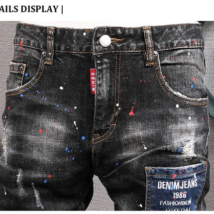 Fashion Streetwear Men Jeans Retro Black Blue Elastic Slim Fit Ripped Jeans Men Spliced Designer Embroidery Hip Hop Denim Pants PlatiNum
