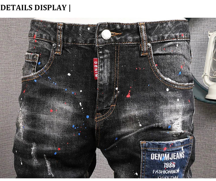 Fashion Streetwear Men Jeans Retro Black Blue Elastic Slim Fit Ripped Jeans Men Spliced Designer Embroidery Hip Hop Denim Pants PlatiNum