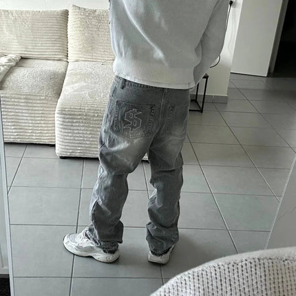 Dollar Pattern Embroidery Retro Jeans Men Y2K Splice Hip Hop Baggy Pants Gothic Streetwear Fashion Low Rise Jeans Clothing New PlatiNum
