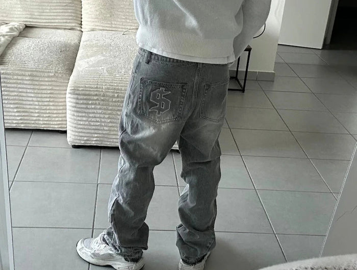 Dollar Pattern Embroidery Retro Jeans Men Y2K Splice Hip Hop Baggy Pants Gothic Streetwear Fashion Low Rise Jeans Clothing New PlatiNum