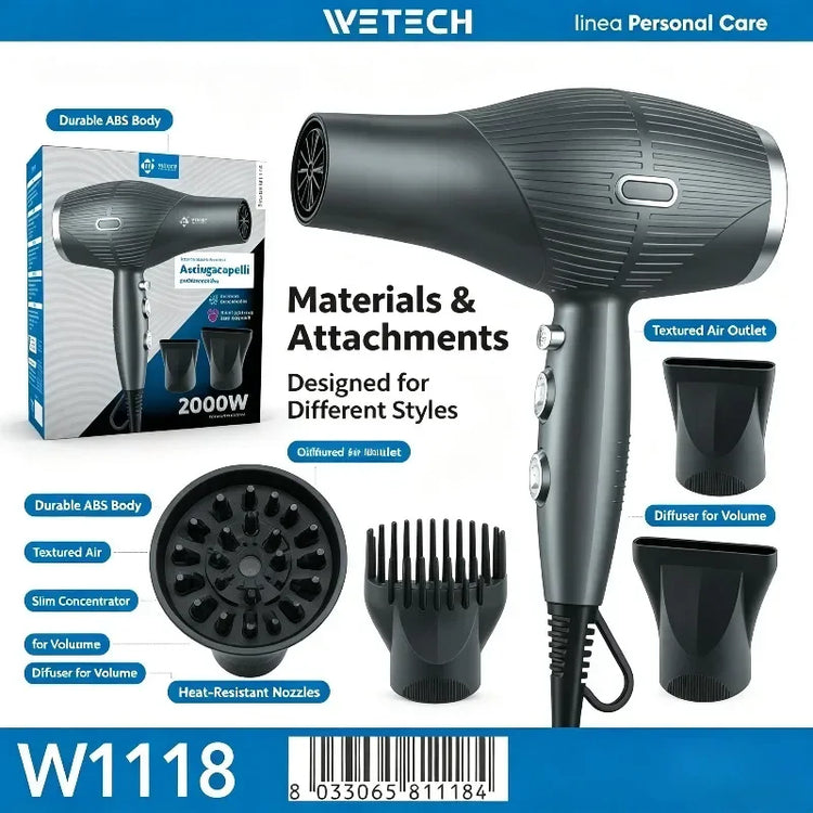 WETECH Professional 2000W Negative Ionic Hair Dryer AC Motor Salon Hairdryer Adjustable Temperature Fast Drying Blow Dryer with Styling Nozzles
