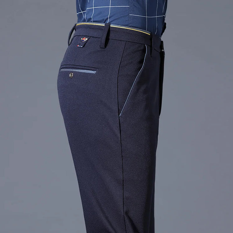 New Winter New Flannel Thick Men's Business Casual Pants Fleece Straight Slim Stretch Warm Plush Trousers Male Black Dark Blue