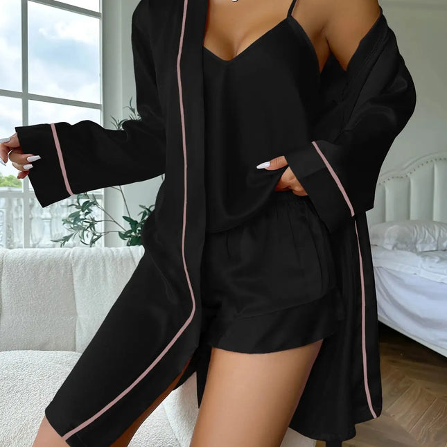 Pigiama semplice in raso con maniche lunghe, abito con cintura, scollo a V, top e pantaloncini, pigiama da donna platinumshop