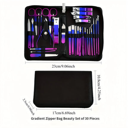 26Pcs Red Blue Gradient Nail Clipper Manicure Set Stainless Steel Nail File Cuticle Trimmer Kit Portable Storage Box Gift Manicure Pedicure Tools