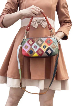 Borsa da Donna alla Moda, Borsa per Telefono in Vera Pelle Colorata con Motivo a Quadri, Borsa a Spalla e Tracolla