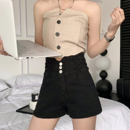 Women's super high waisted denim shorts for summer girls, new black A-line waist cinching slimming design, hot pants PlatiNum
