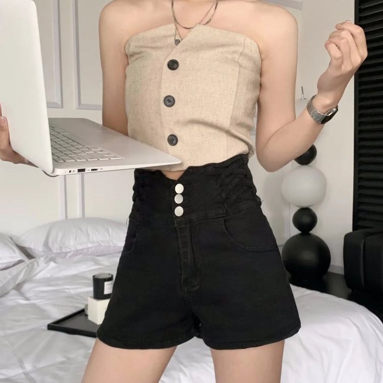 Women's super high waisted denim shorts for summer girls, new black A-line waist cinching slimming design, hot pants PlatiNum