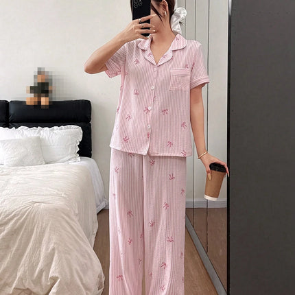 Set Pigiama da Donna con Stampa a Righe e Fiocco, Completo Estivo con Maglietta a Maniche Corte e Pantaloni, Comodo Abbigliamento da Notte e Loungewear