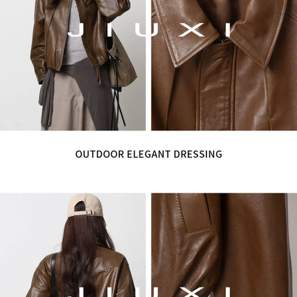Soft Sheepskin Genuine Leather Cropped Jacket Women Lapel Zip Up Snap Button Side Pockets Casual Autumn Real Leather Outerwear