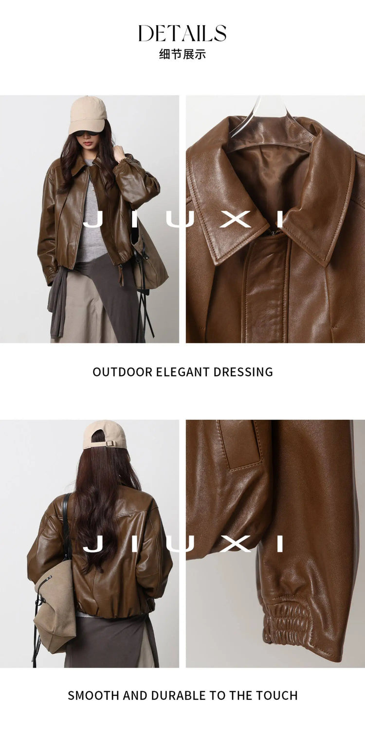 Soft Sheepskin Genuine Leather Cropped Jacket Women Lapel Zip Up Snap Button Side Pockets Casual Autumn Real Leather Outerwear