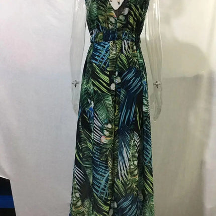 Abito da spiaggia da donna senza schienale con allacciatura Abito da spiaggia sexy con scollo a V Boho Abiti lunghi estivi Elegante stampa senza maniche Lady Maxi Dress Vestidos
