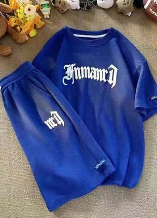 Set di abbigliamento sportivo a maniche corte in seta di ghiaccio estiva casual con waffle transfrontaliero T-shirt da uomo Set di abbigliamento da uomo abbinato platinumshop
