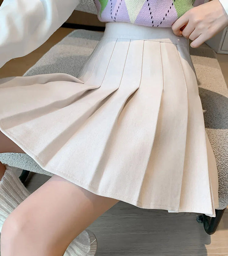 Autumn Winter Woolen Pleated Skirts Women New Korean High Waist Slimming Mini Skirt Ladies Preppy Style Side Zipper A-Line Skirt PlatiNum