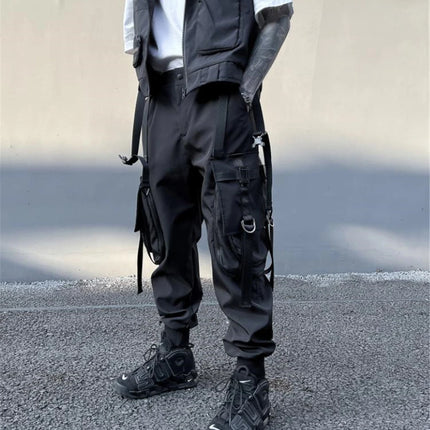 Hip Hop Tactical Cargo Pants Men Multi Pocket Ribbon Design Joggers Trousers 2023 Spring Functional Elastic Waist Pant Black