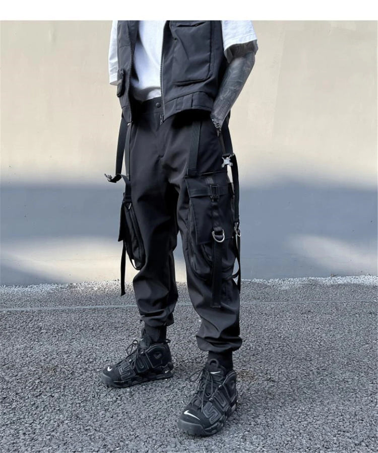 Hip Hop Tactical Cargo Pants Men Multi Pocket Ribbon Design Joggers Trousers 2023 Spring Functional Elastic Waist Pant Black