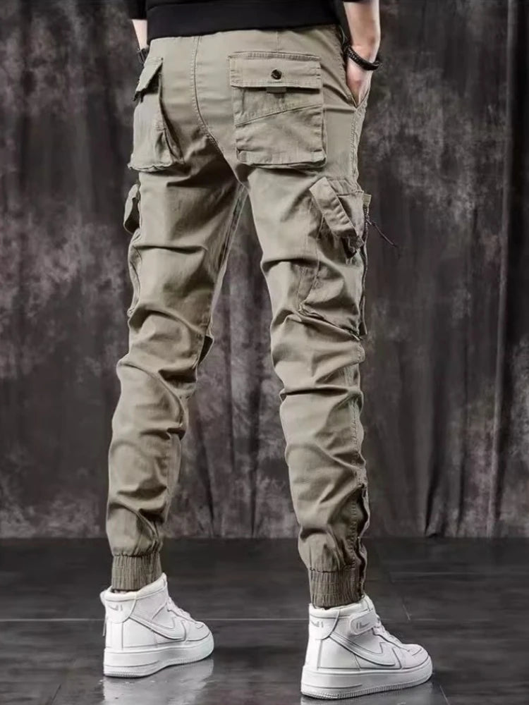 Men's High End Functional Cargo Pants Slim Fit Tapered Leg Spring Autumn Utility Workwear Design Elastic Cuff Sports Pants