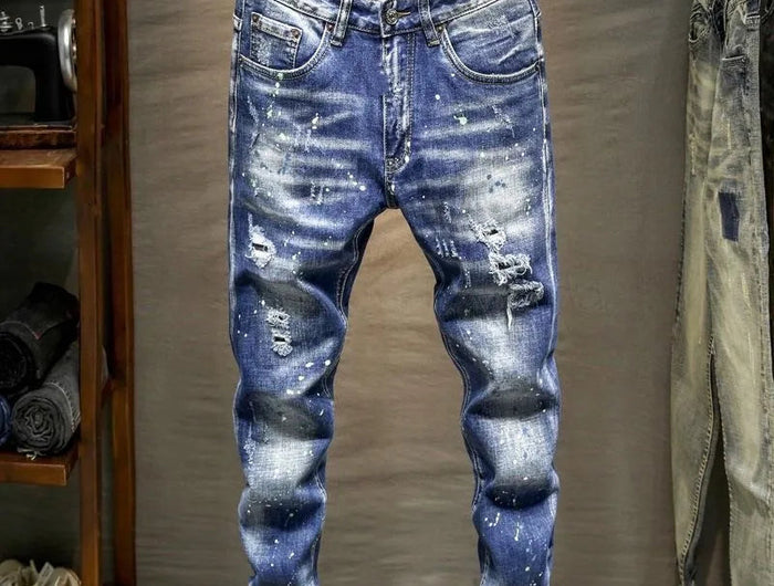 Spring and Autumn New Fashion Trend Ripped Retro Straight Leg Blue Jeans Men's Casual Loose Comfortable Breathable Denim Pants PlatiNum
