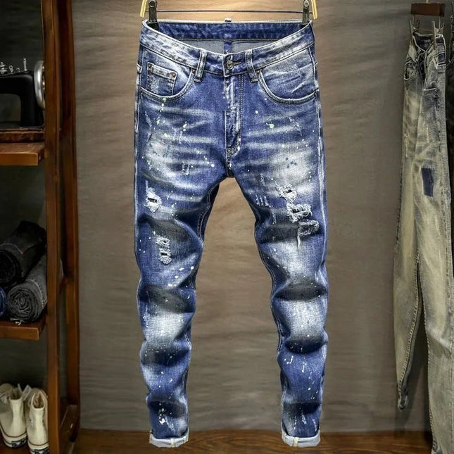 Spring and Autumn New Fashion Trend Ripped Retro Straight Leg Blue Jeans Men's Casual Loose Comfortable Breathable Denim Pants PlatiNum