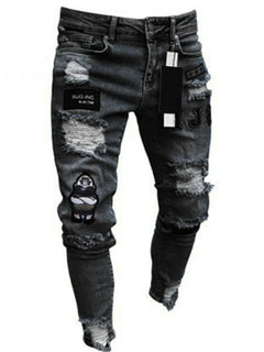 Men Stretchy Ripped Skinny Biker Embroidery Cartoon Print Jeans Destroyed Hole Slim Fit Denim High Quality Hip Hop Black Jeans