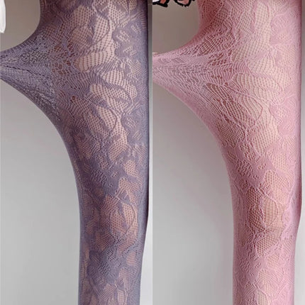 Sexy Floral Fishnet Long Socks, Transparent Jacquard Lace Thin Tights, Sweet Japanese Style, Purple/Pink Lolita JK Fishnet Stockings