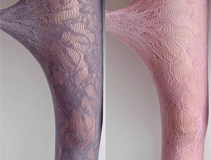 Sexy Floral Fishnet Long Socks, Transparent Jacquard Lace Thin Tights, Sweet Japanese Style, Purple/Pink Lolita JK Fishnet Stockings