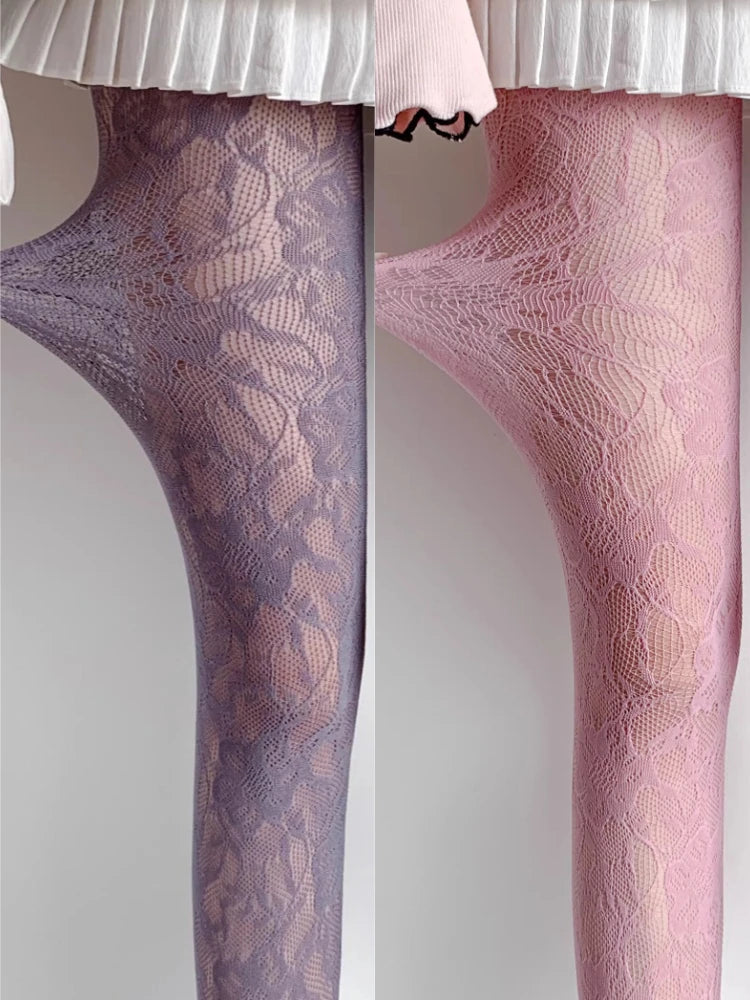 Calze Lunghe a Rete Floreali Sexy, Collant Sottili in Pizzo Jacquard Trasparente, Stile Giapponese Dolce, Calze a Rete Lolita JK Viola/Rosa