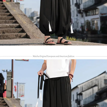 Pantaloni Stile Cinese da Uomo, Etnici in Lino a Gamba Larga, Design con Cavallo Morbido, Pantaloni da Ballo, Casual, Hanfu, Stile Lanterna, 8XL