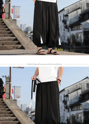 Pantaloni a Gamba Larga Stile Etnico per Uomo, Pantaloni in Lino Comodi e Traspiranti, Pantaloni da Ballo, Abbigliamento Casual Quotidiano, Pantaloni Hanfu, Taglie Fino a 8XL