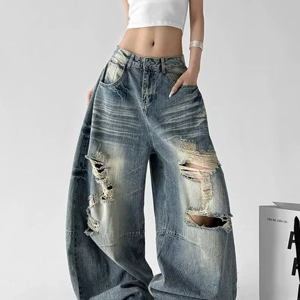 Jeans Larghi da Donna Stile High Street, Denim Distressed, Moda Primavera 2026, Nuovi Arrivi, Pantaloni Lunghi