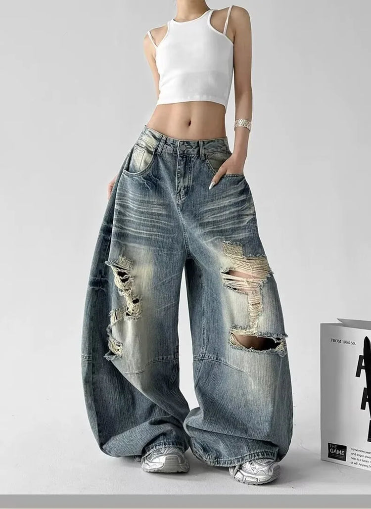 Jeans Larghi da Donna Stile High Street, Denim Distressed, Moda Primavera 2026, Nuovi Arrivi, Pantaloni Lunghi