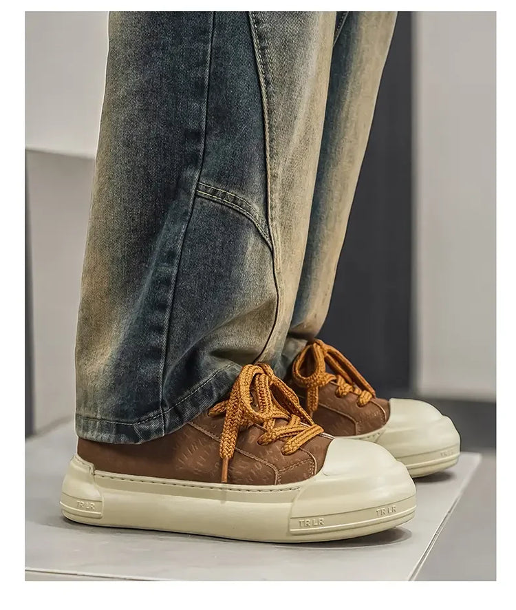 Toe Thick Sole Platform Men Sneakers Lace Up Patchwork Fashion New Trend Casual Trainer Shoes Thick Bottomed All Season