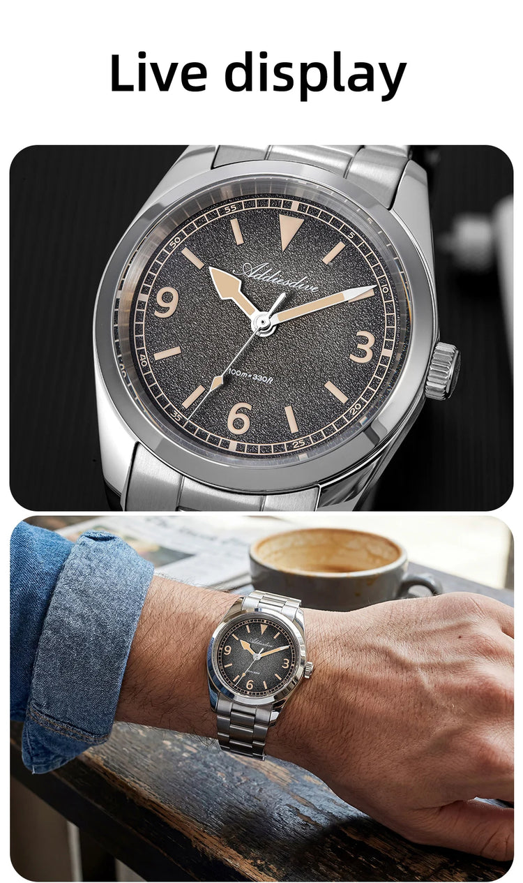ADDIESDIVE New 36Mm Men's Quartz Watch Retro Dial Sapphire Glass 100M Waterproof Stainless Steel Night Light Retro Quartz Watch