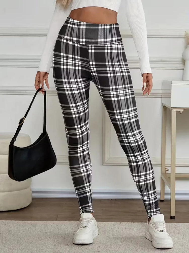 Women Lamb Wool Plaid Leggings Autumn Winter Out Wear Vintage Street Warm Leggings Woman High Waist Thicken Plush Lined Leggings PlatiNum