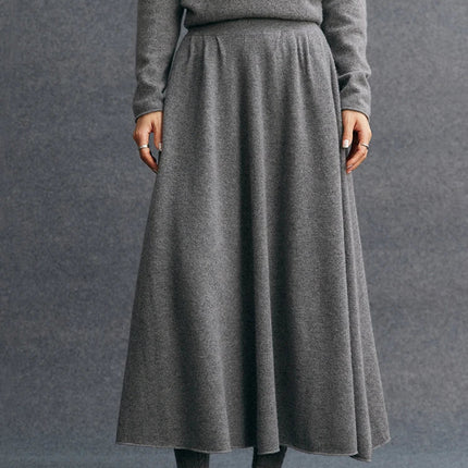 New Women's 100% Pure Cashmere Knitted Full Skirt Autumn Winter High Waisted Mid-calf Ankle-Length Soild Dress Versatile Elegant PlatiNum