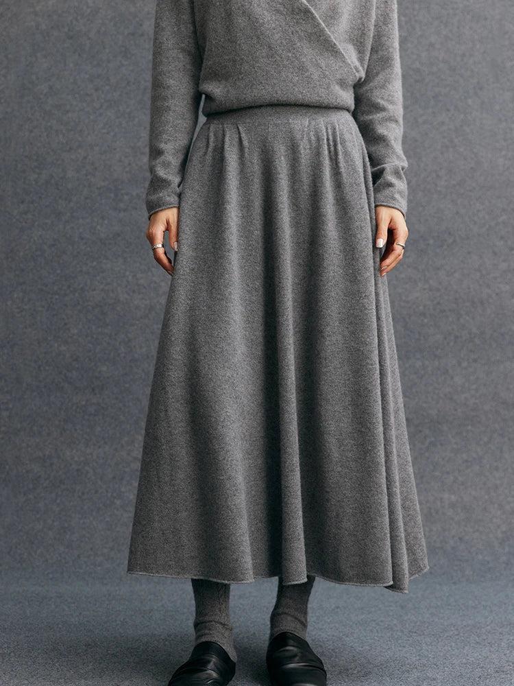 New Women's 100% Pure Cashmere Knitted Full Skirt Autumn Winter High Waisted Mid-calf Ankle-Length Soild Dress Versatile Elegant PlatiNum