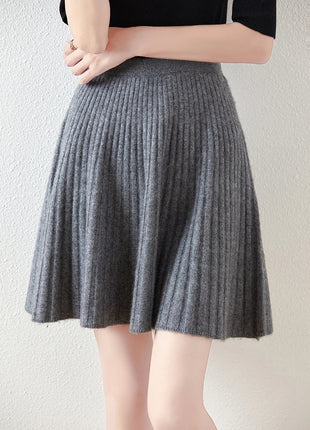 Korean Skirt 100% Merino Wool Women's Knitted Mini Skirt Autumn and Winter Women's Fashion Solid Color Small Umbrella Skirt PlatiNum