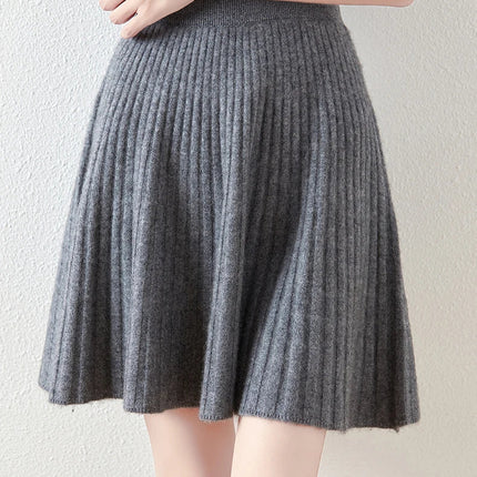 Korean Skirt 100% Merino Wool Women's Knitted Mini Skirt Autumn and Winter Women's Fashion Solid Color Small Umbrella Skirt PlatiNum