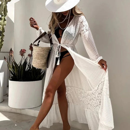 Copricostume Kimono da spiaggia per costumi da bagno donna Patchwork di pizzo bianco nero Chiffon eleganti abiti avvolgenti con cintura 2023 costumi da bagno platinumshop