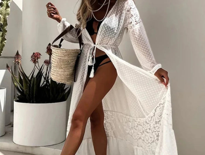 Copricostume Kimono da spiaggia per costumi da bagno donna Patchwork di pizzo bianco nero Chiffon eleganti abiti avvolgenti con cintura 2023 costumi da bagno platinumshop