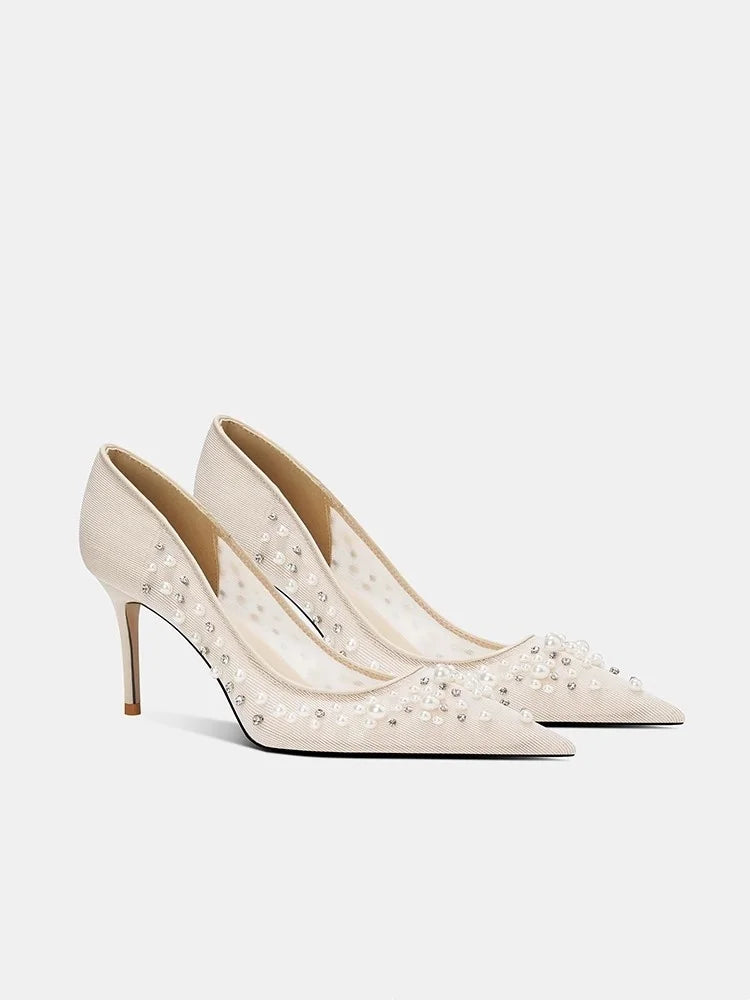 Spring and summer pointed toe shallow mouth pearl rhinestone mesh wedding shoes banquet dress stiletto high heel women's sandals