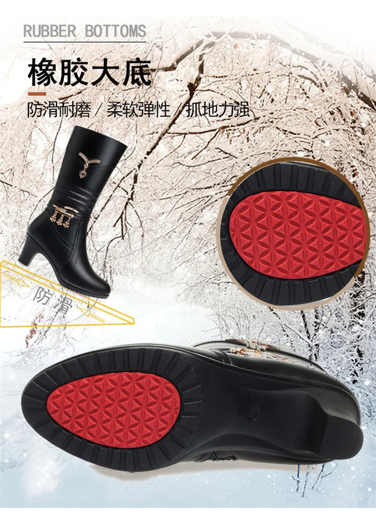 Women Comfortable Fleece Medium Boots Autumn Winter New Style Thick Heel Side Zipper Pointed Fashion High Heels Boots Elegant
