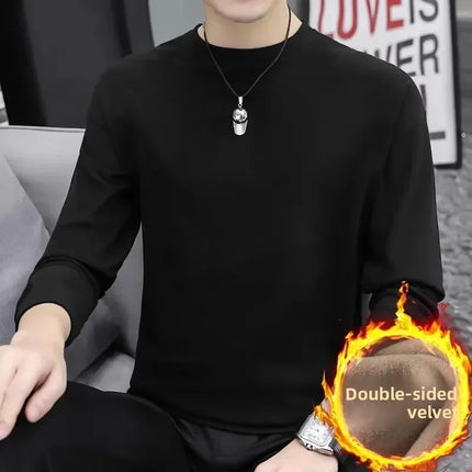 Thickened Double-sided Velvet Long Sleeve T-shirt Men's Underwear Solid Color Fleece-lined Heavyweight Crew Neck Base Shirt PlatiNum