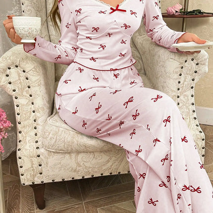 Primavera e autunno nuovi indumenti da notte da donna con fiocco a farfalla a maniche lunghe set stampato elastico da donna casual comodi vestiti per la casa