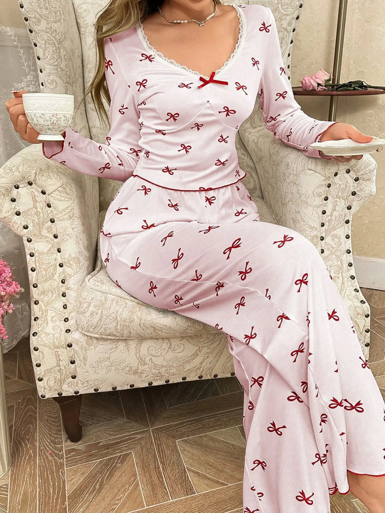Primavera e autunno nuovi indumenti da notte da donna con fiocco a farfalla a maniche lunghe set stampato elastico da donna casual comodi vestiti per la casa