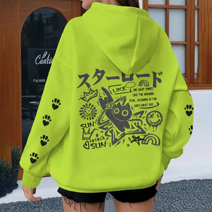 Japanese Style Cat Print Hoodies Women Men Harajuku Animal Streetwear Vintage Kitten Design Y2K Sudaderas
