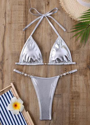 Micro Bikini Rosa Lucido da Donna, Sexy con Perle in PU, Push-Up, Perizoma, Costume da Bagno Estivo, con Lacci, per Vacanze PlatiNum