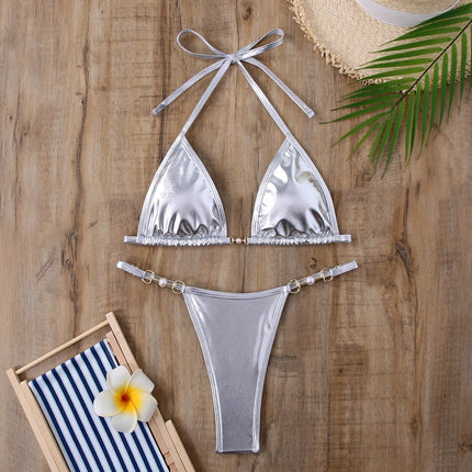 Micro Bikini Rosa Lucido da Donna, Sexy con Perle in PU, Push-Up, Perizoma, Costume da Bagno Estivo, con Lacci, per Vacanze PlatiNum