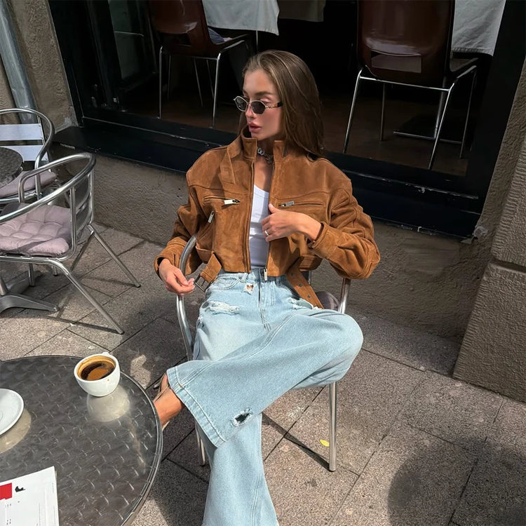 Brown Suede Leather Short Coats Women Solid Stand Collar Zipper Waist Belted Cropped Jackets 2026 Lady Autumn Y2k Casual Outwear